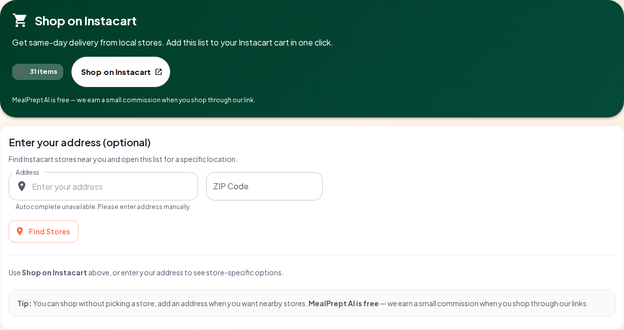 Shop on Instacart button on a MealPrept AI shopping list